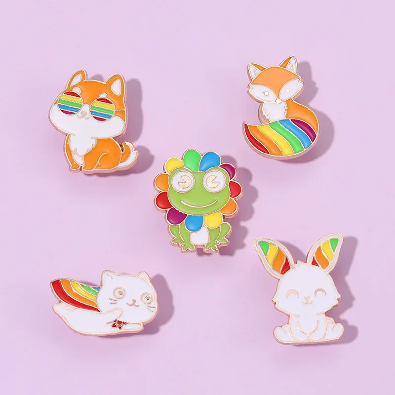 Animals Enamel Pins Cute Rainbow Parts Fox Rabbit Kitten Brooches Backpack Carton Badges Lapel Jewely Gift For Friends Wholesale