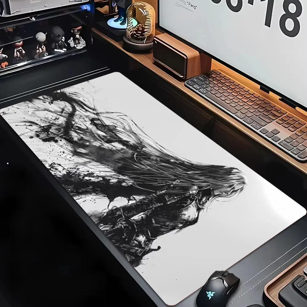 Black White Ink Dark Anime Swordsman Large Gaming Mouse Pad XXL Desk Mat Non-Slip Rubber Keyboard Mat PC Gamer Office Desk Pad