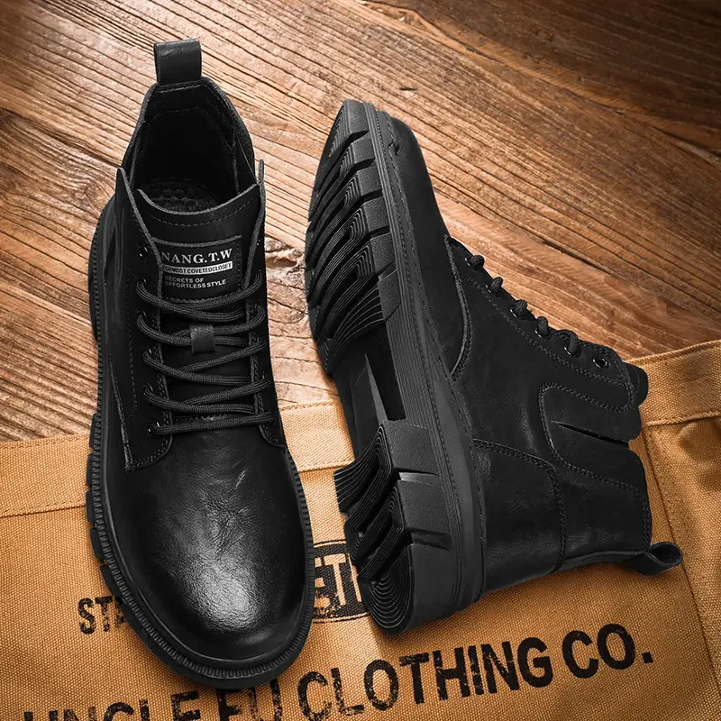 2024 New Autumn Winter Men's Leather High Top Casual Boots Soft Sole Non Slip Waterproof Lace up Work Boots Ankle Boots