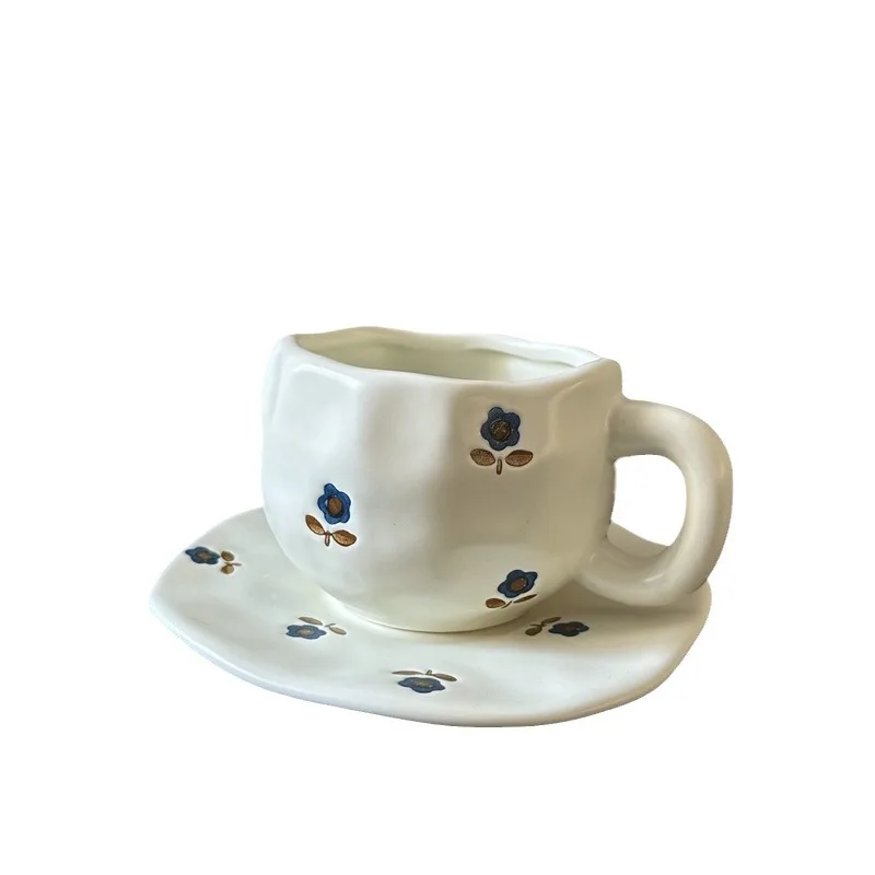 300ML Hand Painted Coffee Mug with Saucer Ceramic Handmade Tea Cup Saucer Set Lovely Gift Irregular Coffee Mug