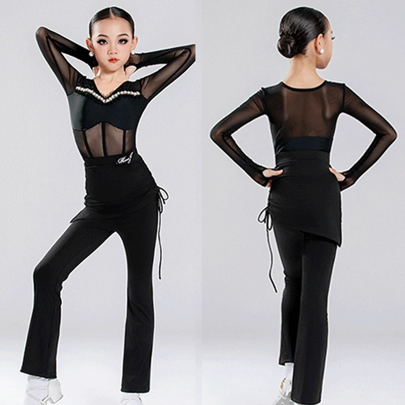 ชุดเต้นรำบอลรูมสำหรับเด็ก ชุดเต้นรำแซมบ้าละตินสำหรับเด็กผู้หญิง เสื้อละตินสีดำ กางเกงเต้นรำสมัยใหม่ ชุดฝึกซ้อม