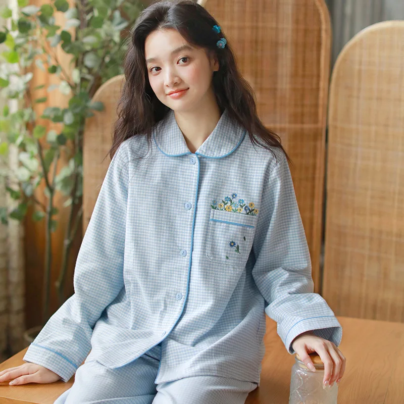 

Women's Autumn Sleepwear Pure Cotton Brushed High-End Embroidery Sweet Cute Checkered Long Sleeve Pajamas Home Clothes