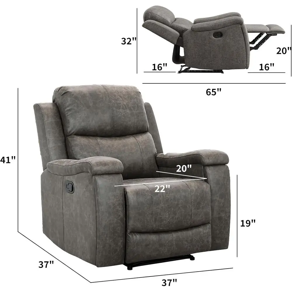 Classic and Traditional Manual Recliner Chair with Overstuffed Arms and Back, Manual Single Sofa with Concealed Cup Holders, Gre