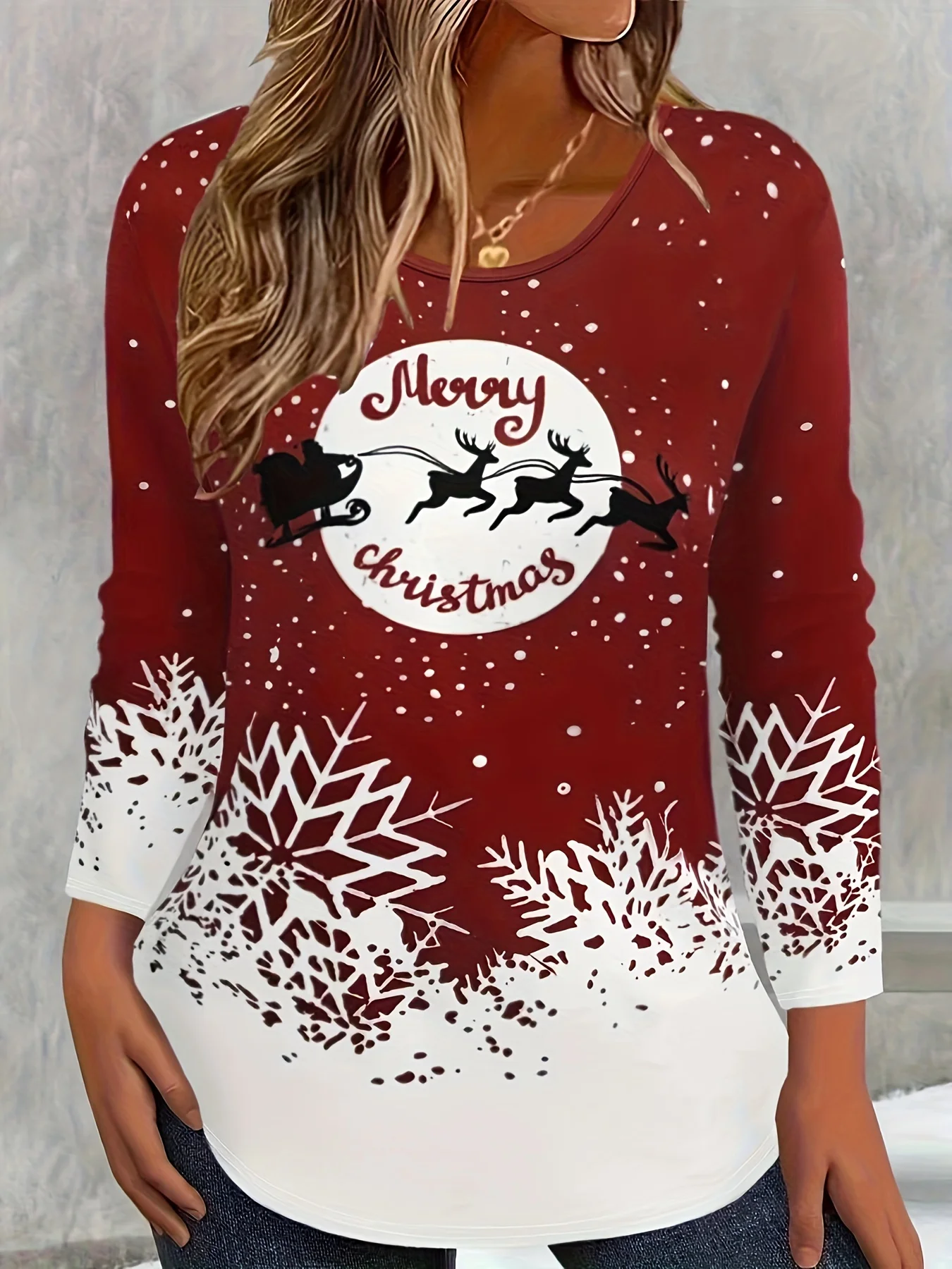 2024 Merry Christmas 3D Print Crew Neck Long Sleeve T-Shirt Fashion Womens clothing Casual y2k clothes Harajuku Female clothing