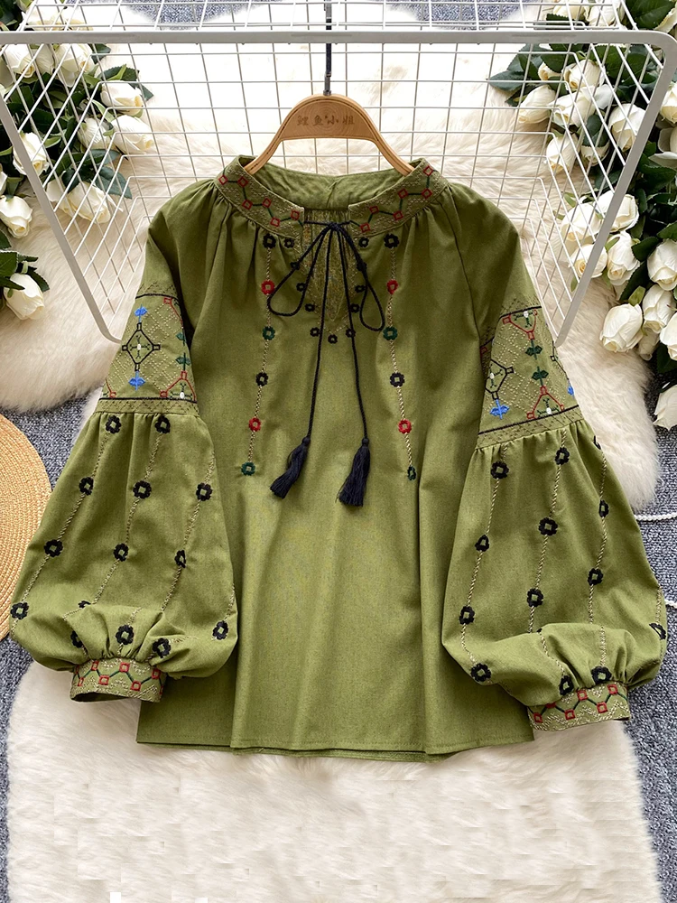 

Women Spring Autumn Blouse Ethnic Style Literature Loose Embroidered Cotton Linen V-Neck Pullover Shirt Casual Top D26