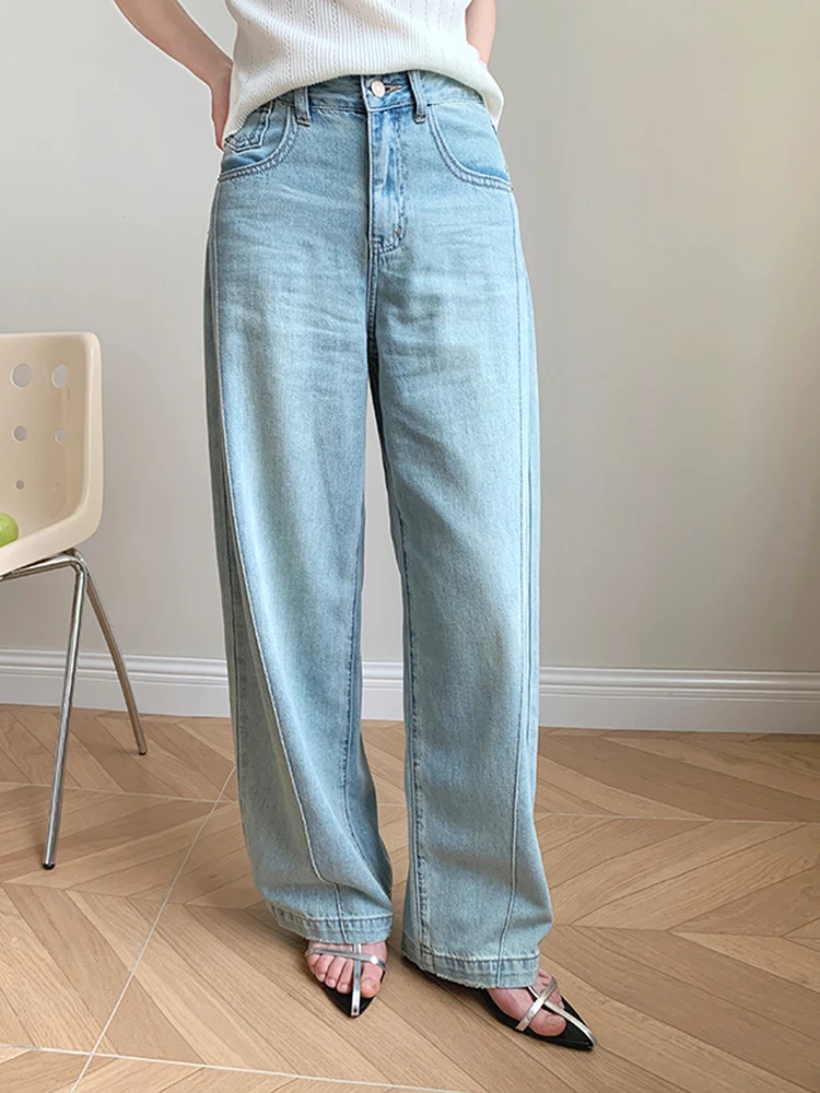 

Boran Retro Casual Jeans High Waist Slimming Summer New Women's Straight Leg Cotton Stretch Denim Zipper Fly Light Blue