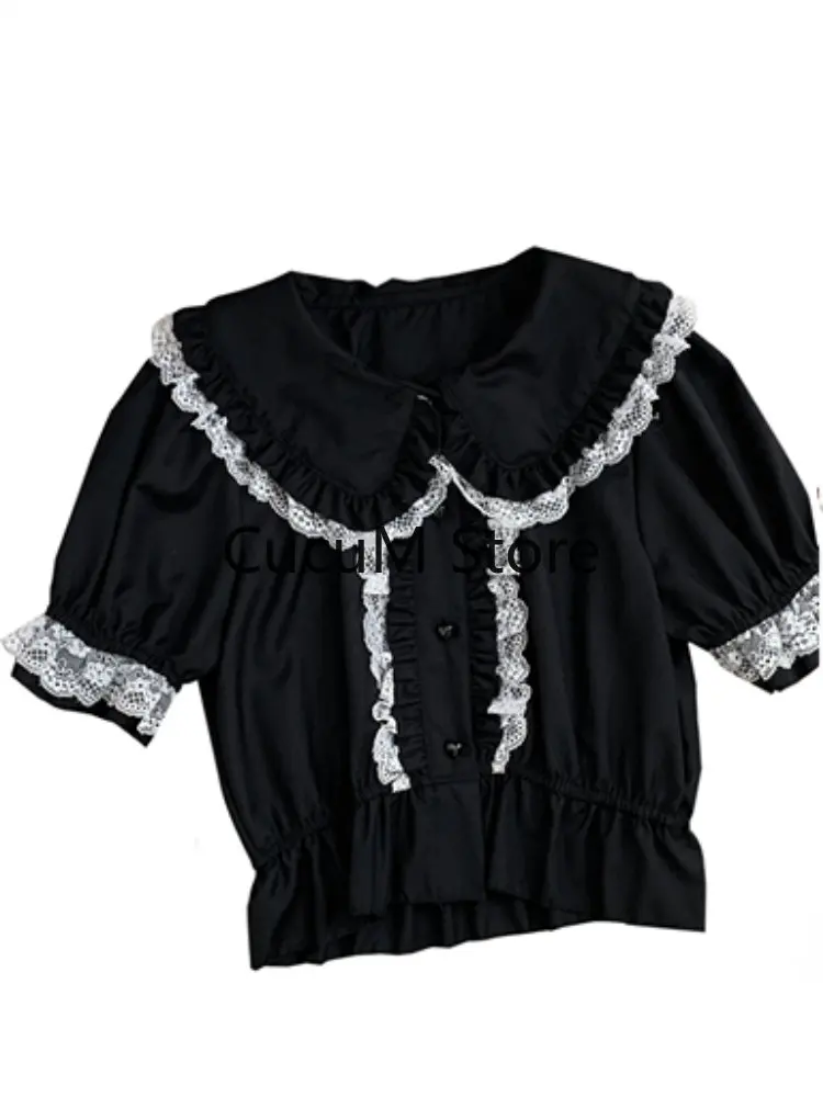 Kawaii Girl Sweet Cute Lolita Puff Sleeve Shirt Summer Y2k Lace All Match Blouse Top New Female Single Breasted 2023 Summer