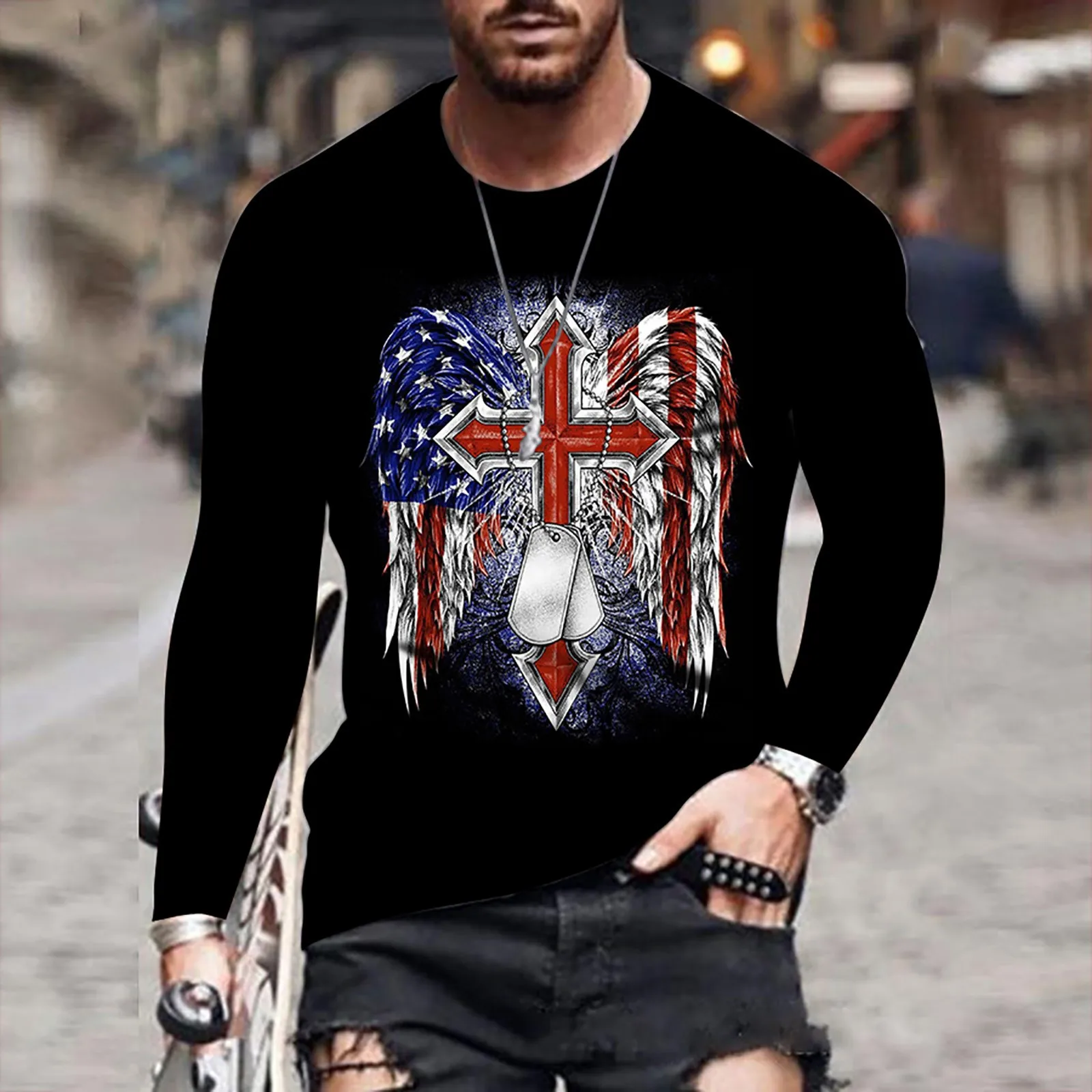 Vantage Cross Print T Shirts Black Long Sleeve Bottoming Top Oversize Swim Fishing Outdoor Pullovers Male solid Undershirt