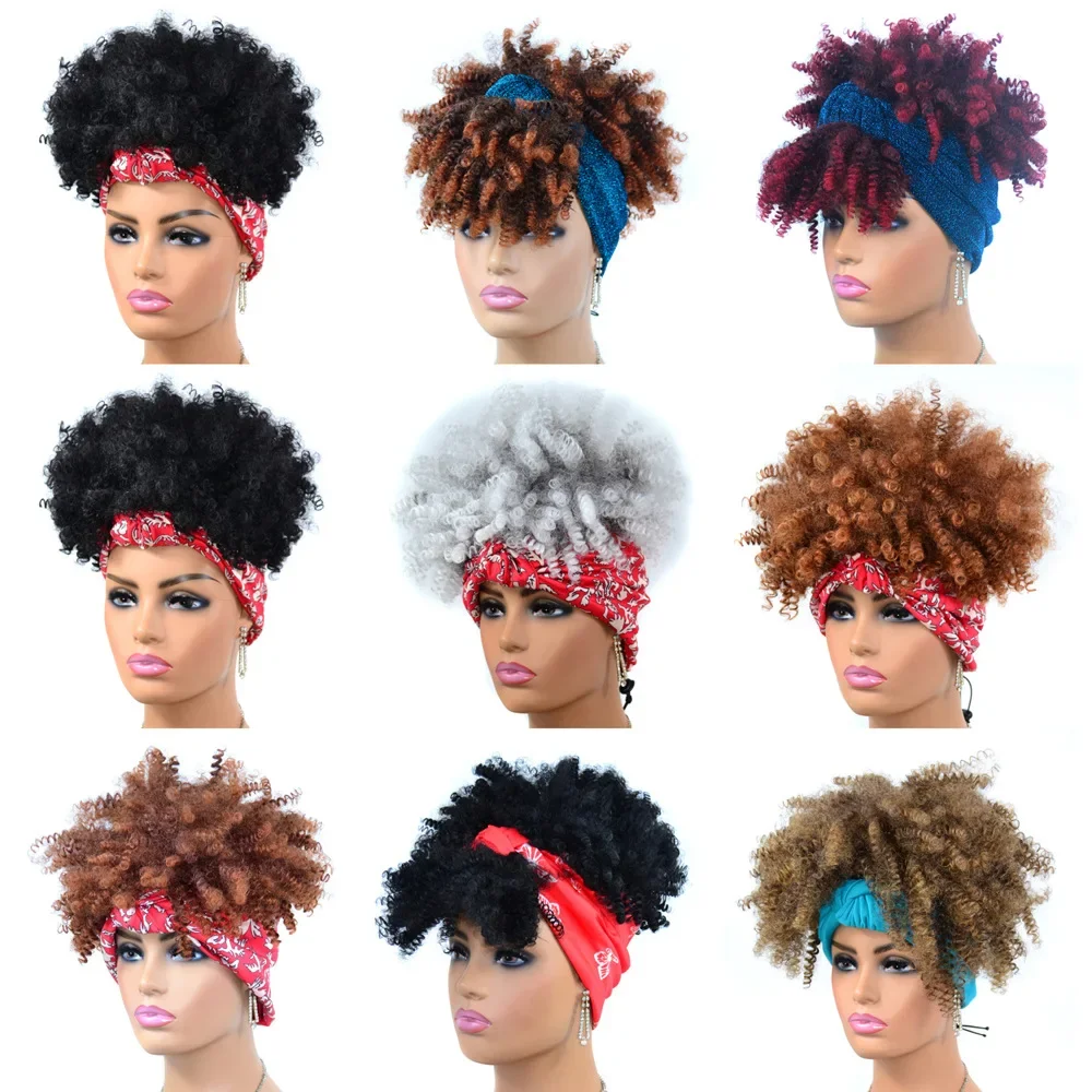 Sintético Afro Curly Headband Peruca com Franja, Kinky Curly Afro Puff Perucas, Drawstring Ponytail Extensão