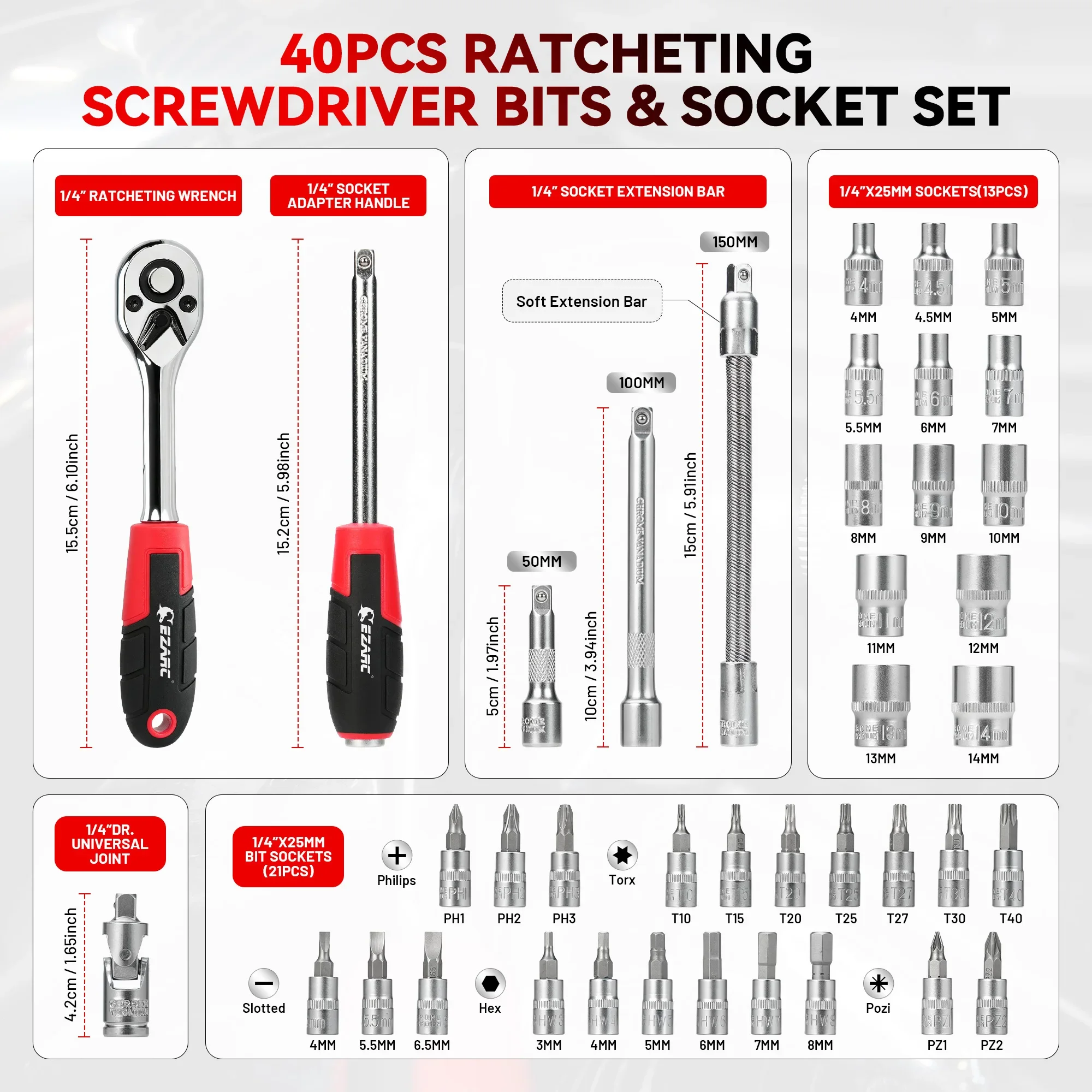 EZARC 40PC Repair Tools Kit with Ratchet Wrench/Socket/Screwdriver Bit for Car/Motorcycle/Bicycle, 1/4” Quick-Release Ratcheting