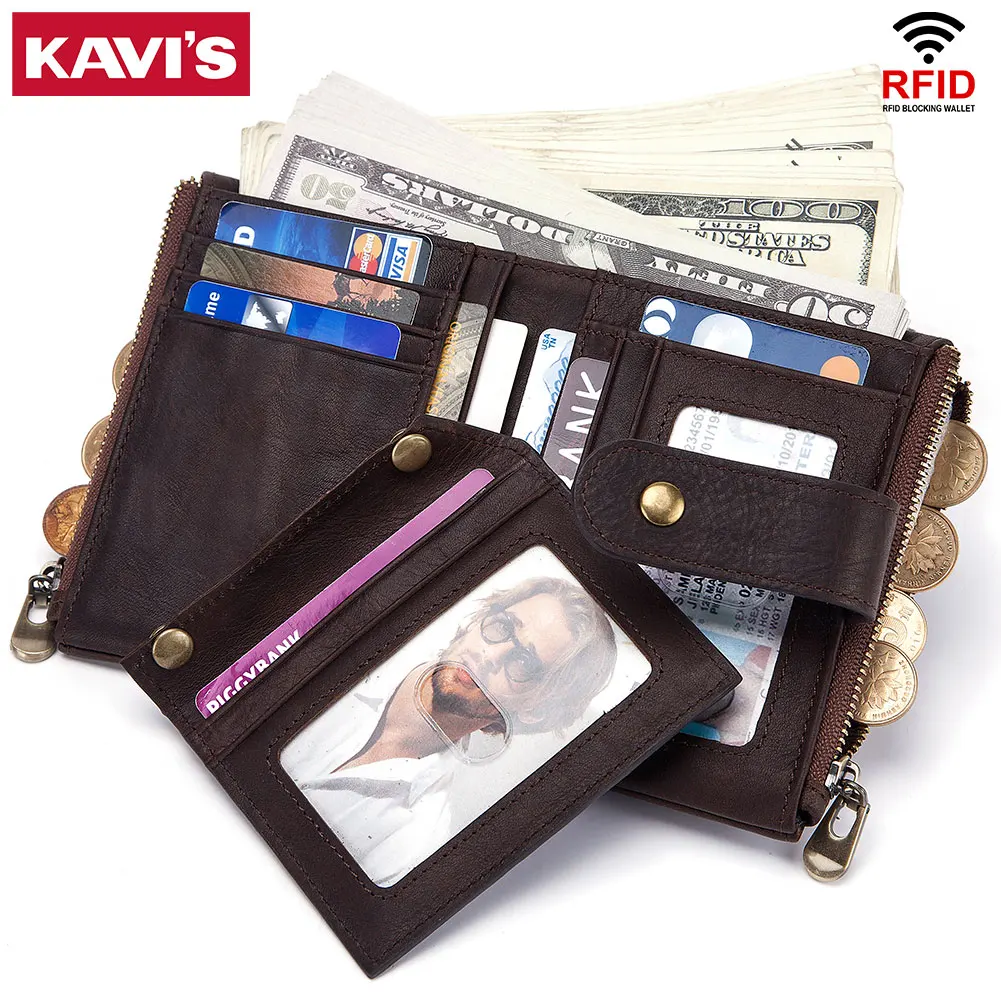 KAVIS Wallet for Men 100% Genuine Leather RFID Credit Card Holder with Double Zipper Coin Purse Short Male Clutch Carteiras