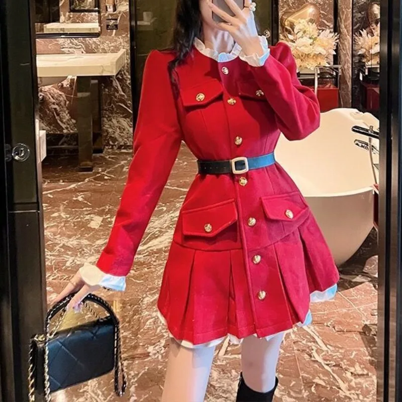 2024 Winter New Korean Fashion Slim Waist Women Dresses Temperament Small Fragrant Style High Waist Dress