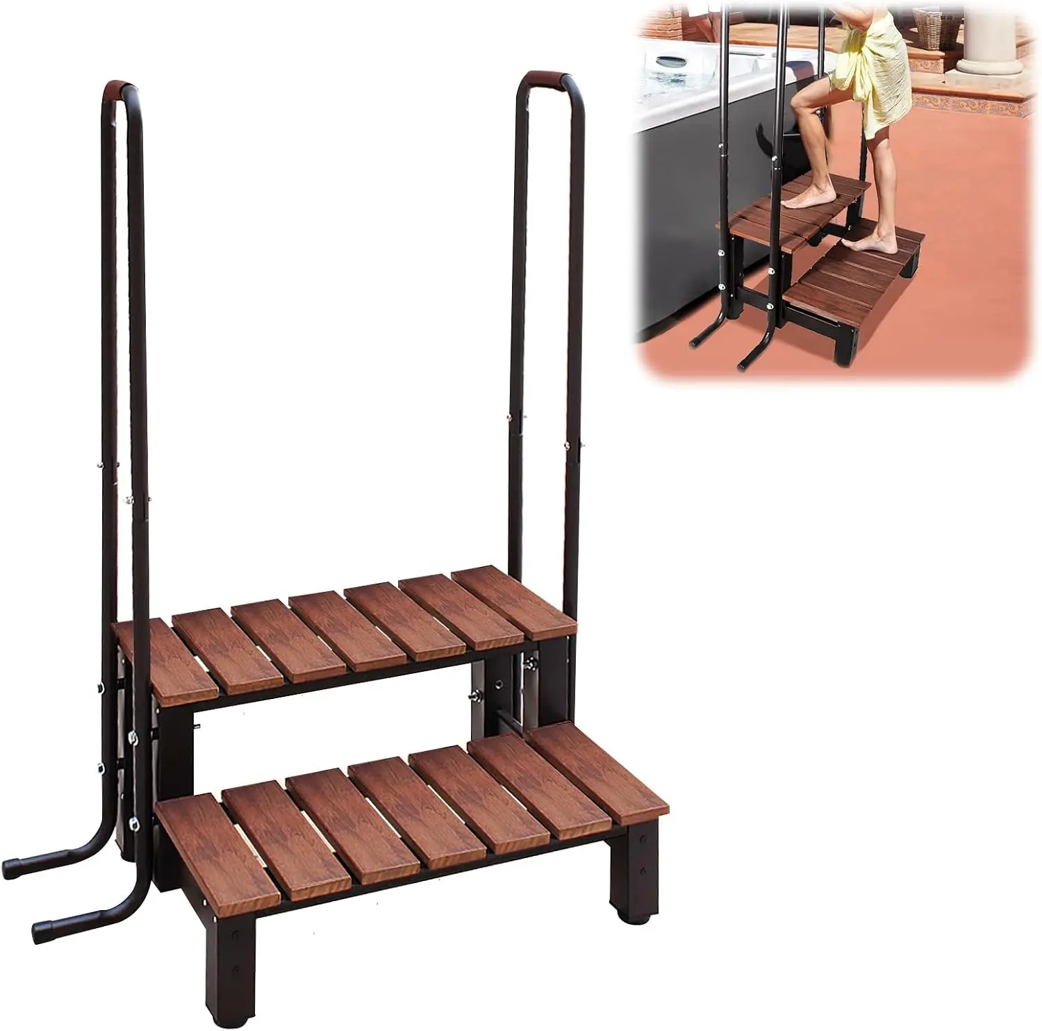 Hot Tub Spa Two Tier Step Stairs with Handrails Railings Non Slip Double Tread Spa Entry Ladder Outdoor Patio Swimming Pool Accessories,
