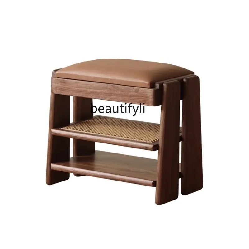 

North America Black Walnut Shoe Changing Stool Door Soft Bag Can Sit in the Door Footstool Solid Wood Shoe Cabinet Shoe Rack