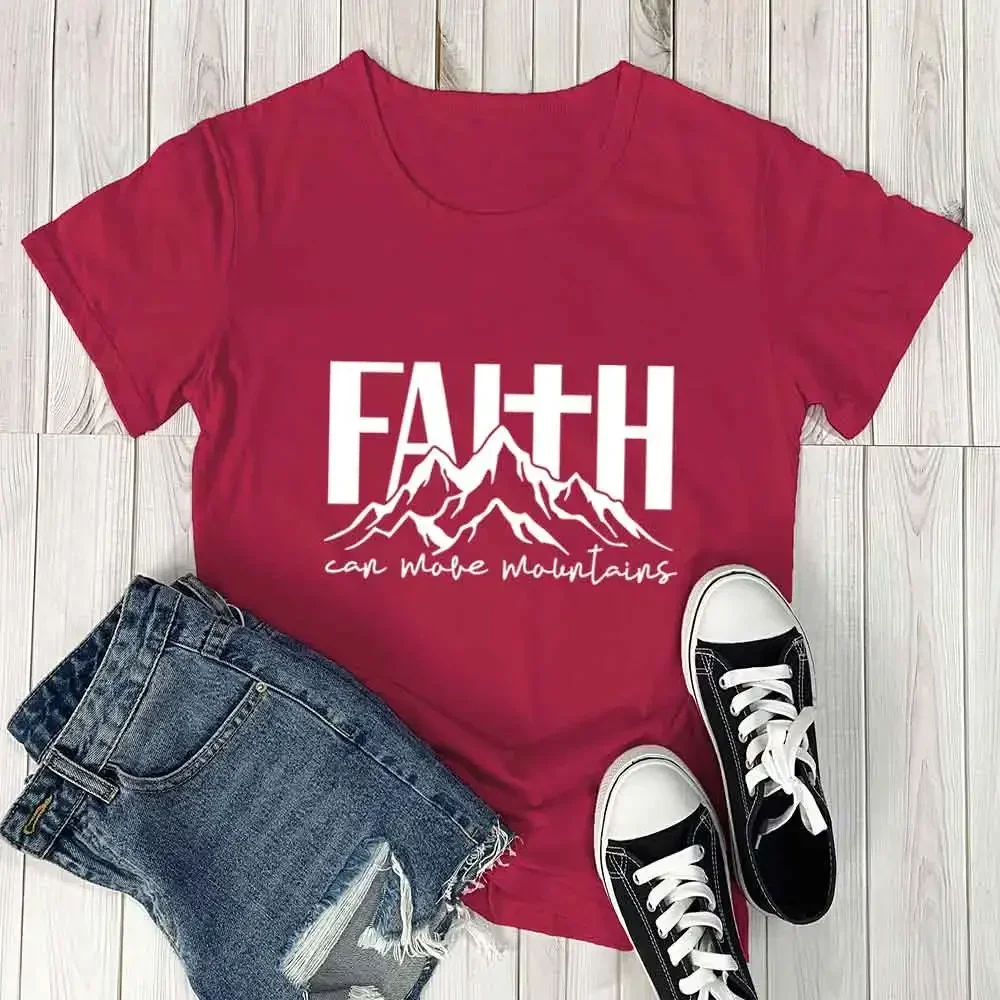 Faith Can Move Mountains T Shirt Women Cotton Motivational T Shirt Bible Christian Clothing Female O Neck Clothing Graphic Tee