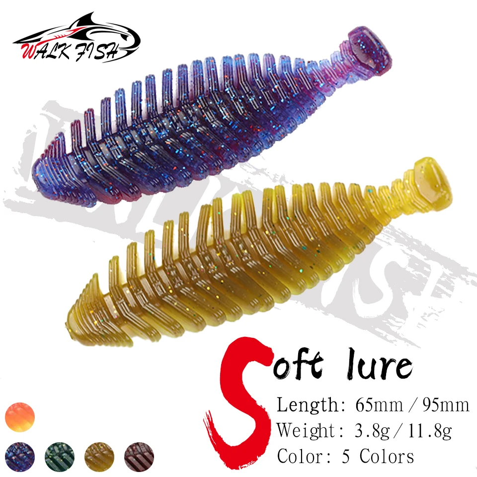 WALK FISH 4er/6er-Set 65mm/95mm Weichköder aus PVC, dick gerippter Shad-Köder mit Duft, fettiger T-Schwanz, künstlicher Swimbait für Hecht- und Barschangeln
