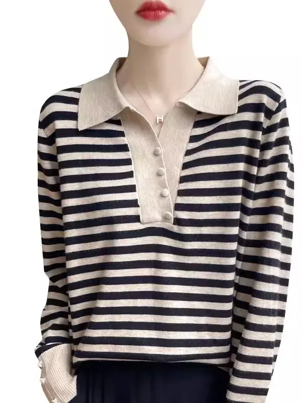 Sweater rajutan wanita lengan panjang longgar motif garis kerah tinggi, model baru musim gugur, luaran, atasan, kaos, lapisan dasar musim semi