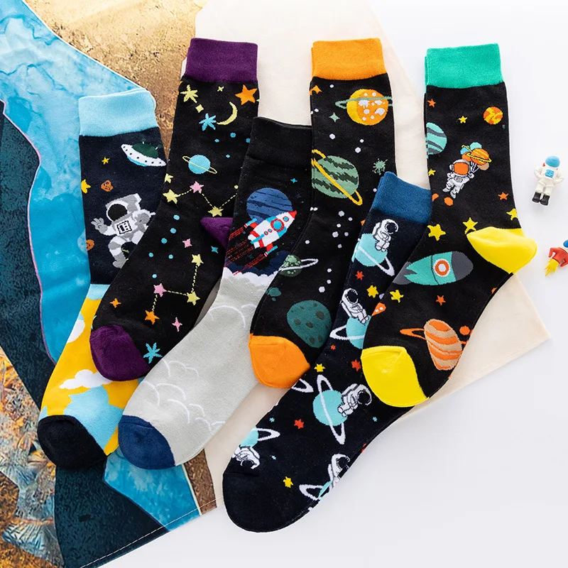 Wald-oppositions-Chaussettes décontractées en coton pour hommes, Happy Socks, Hip Hop, Street Skateboard, Funny Firmament, Space Rocket Star, Male Sox, Automne