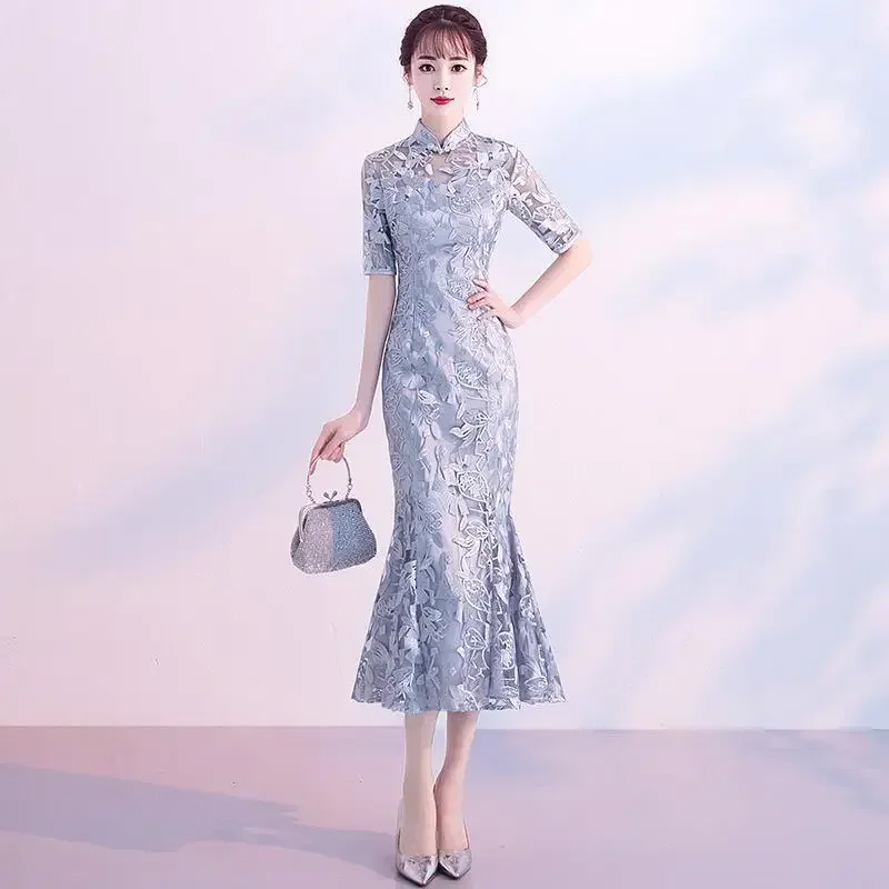 

Chinese Traditional Wedding Cheongsam Dress Long Embroidery Qipao Retro Lace Toast Dress Novelty Clothes Dress For Women