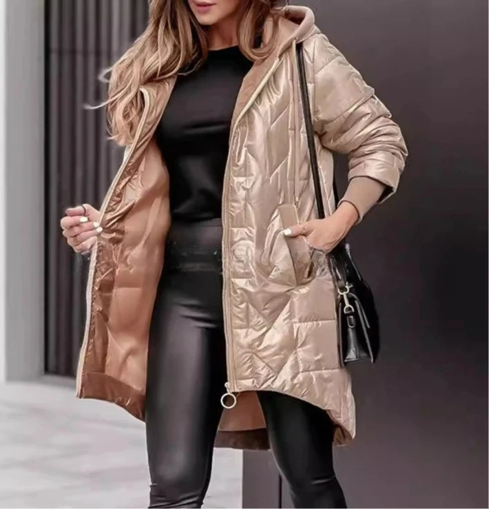 

Women Jacket Autumn Winter New Fashion Hooded Loose Long Sleeve Solid Color Zip Up Casual Coat