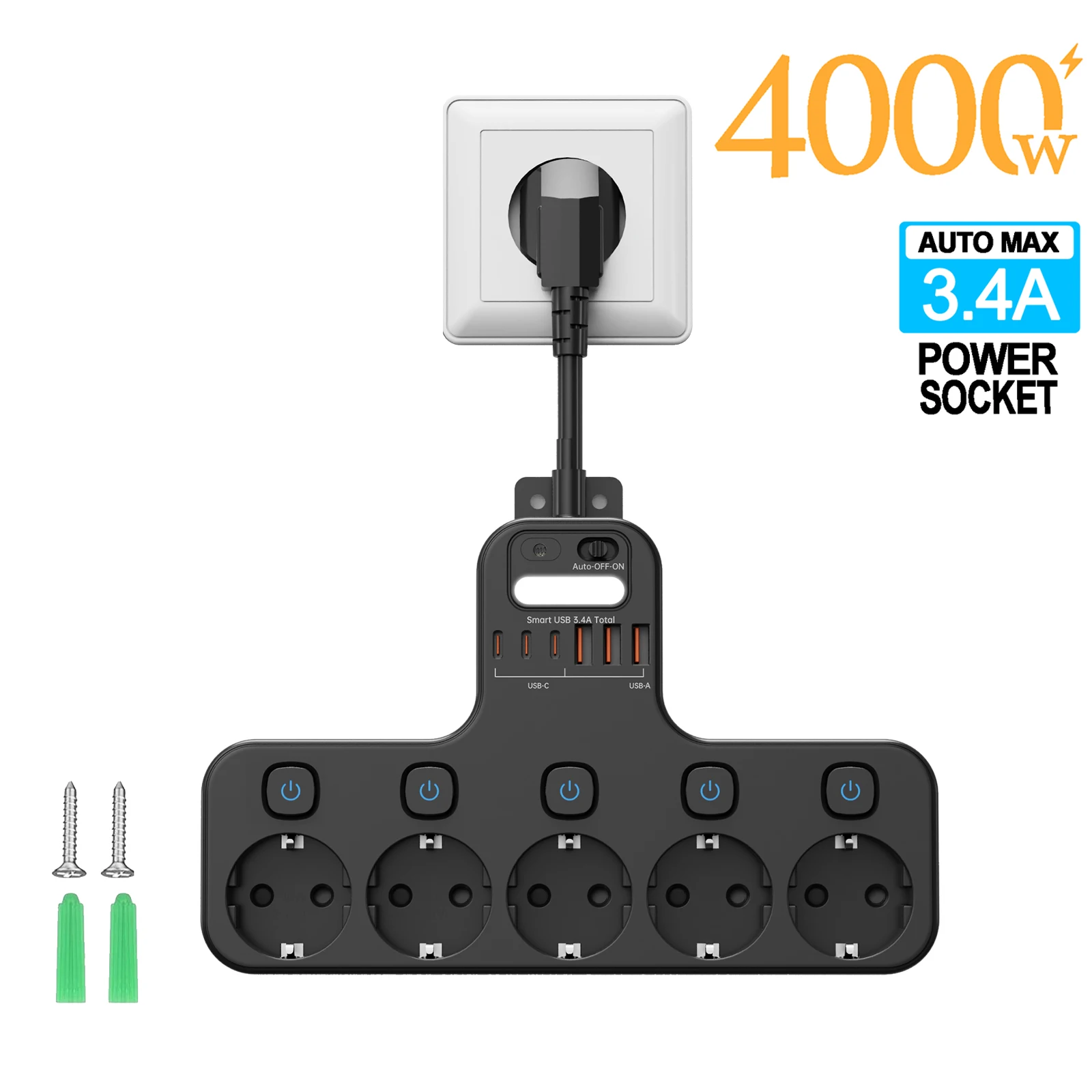 Power Strip EU AC Plug Wall Mounted Socket 12 in 1 4000W Independent Switches Sensor Night Light  With 3USB-C 3USB-A Ports