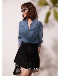 LOUIS YAO 2024 Spring and Autumn Small Collar Wave Split Denim Shirt Fashion Rivet Decoration Long Sleeve Women's Shirt