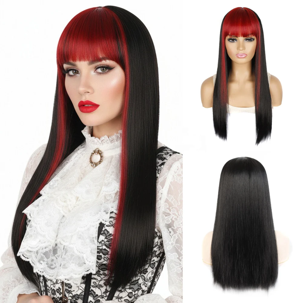 Women Synthetic Colored Bleached Sideburns Bangs Long Straight Wig Full Head Cover Hip Hop Anime Cosplay Party