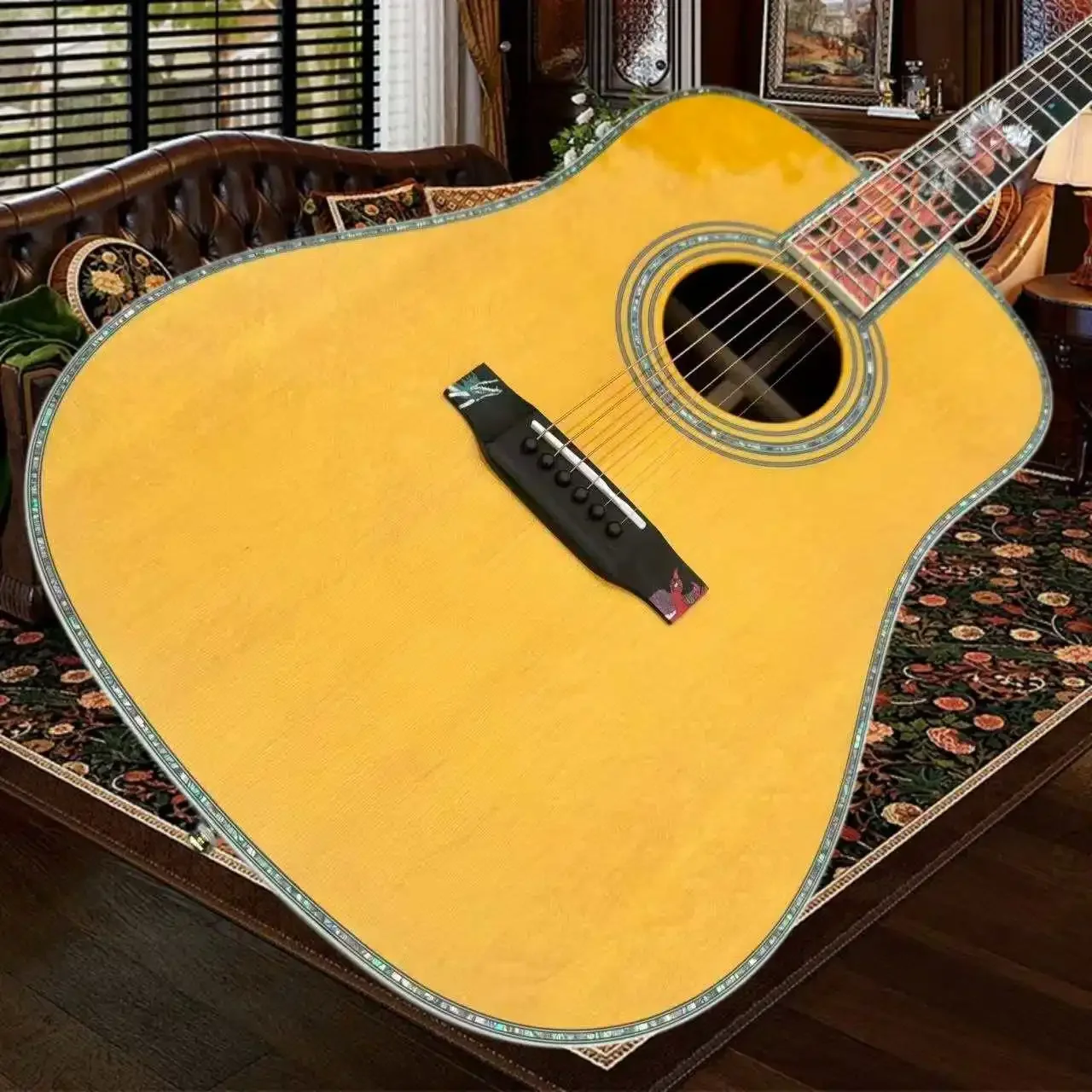 Martin Style Ice Fire Acoustic Guitar Featuring Intricate Mother Pearl Inlays Fingerboard Abalone Bridge Binding Indian Rosewood