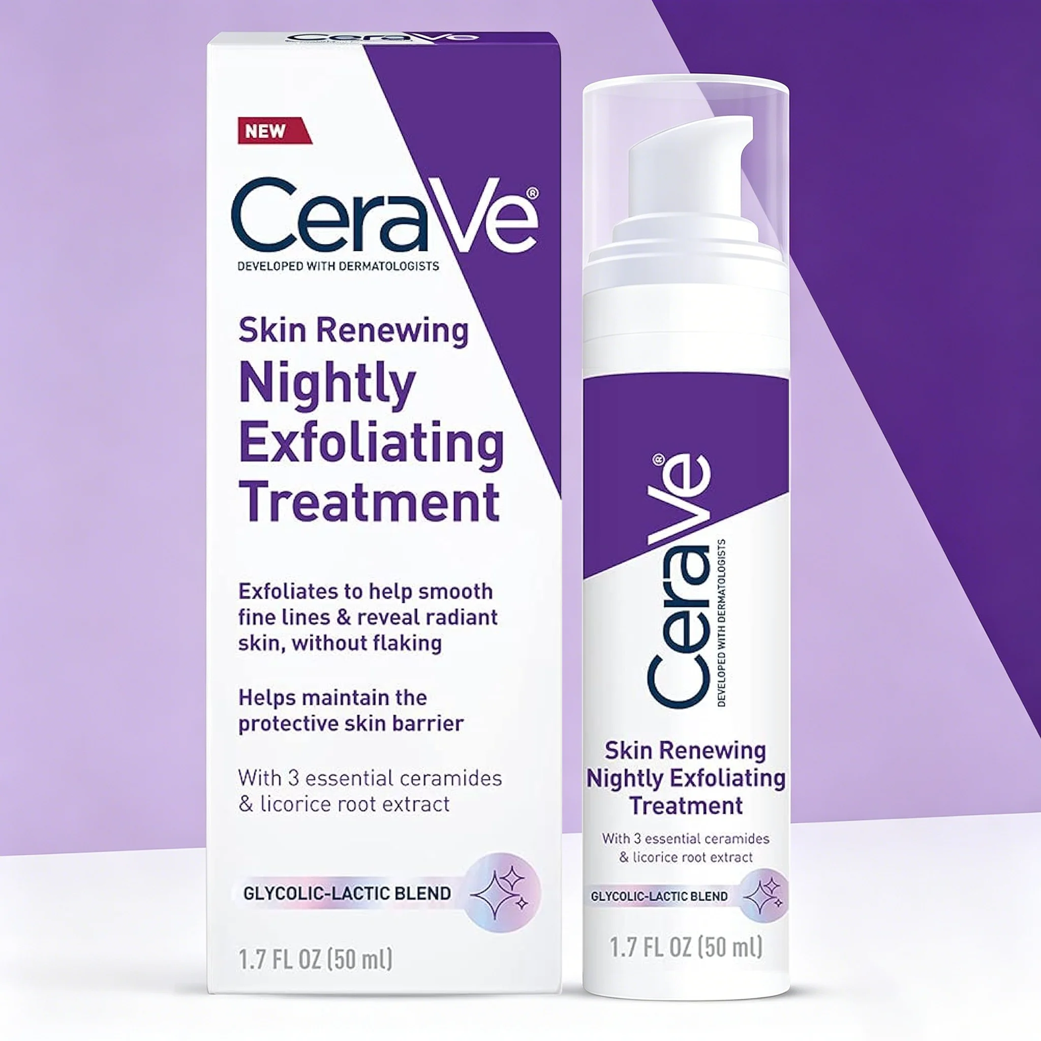 CeraVe Skin Renewing Nightly Exfoliating Treatment 50ml Glycolic Lactic Acid Serum with Ceramides for Radiant Smooth Skin