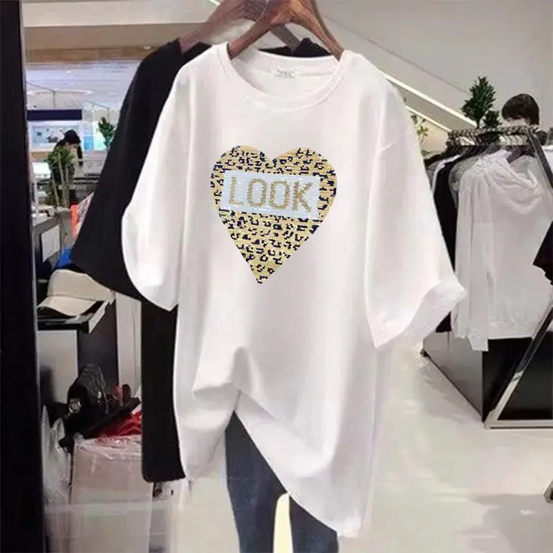 Female Clothes Basics Printed Pullovers Summer Short Sleeve Top Women Casual T-shirt Chic Y2k Loose Tees M-6XL