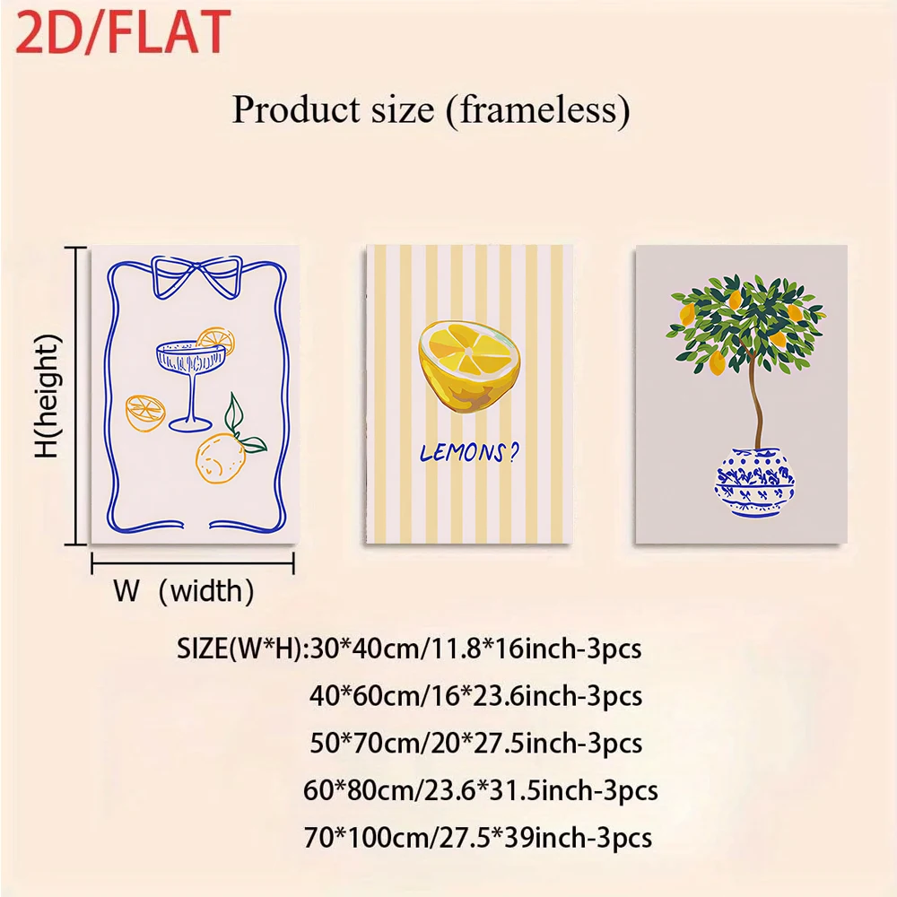 1 set of modern minimalist frameless lemon paintings, fresh fruit pattern home decoration paintings, 2D flat design.