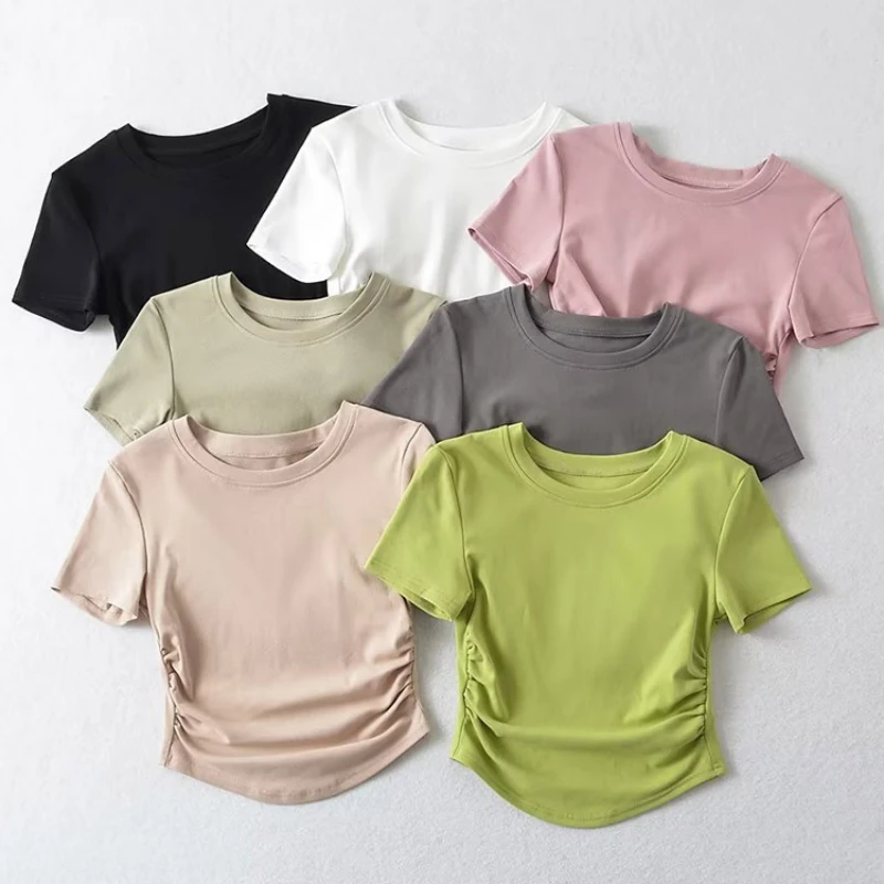 

Crew Neck Cotton Tee with Ruched Sides Detail T-shirts Base Shirt Casual Sport Short Sleeve Slim Fit Fitness Yoga Wear Top Women