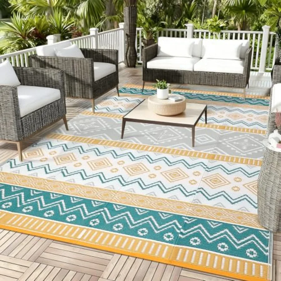 

Boho 10x14 Waterproof Outdoor Rug for Picnic Backyard Balcony Porch Patio, Reversible Plastic Straw Mat in Yellow, Tribal Geome