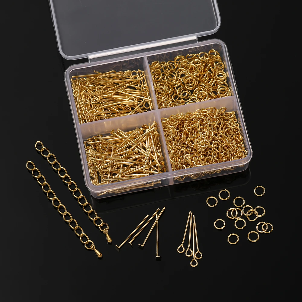 440pcs/Box Metal Flat Head Pin Headpin Open Jump Rings Extension Chain Water Drop End for DIY Jewelry Making Accessories Supplie