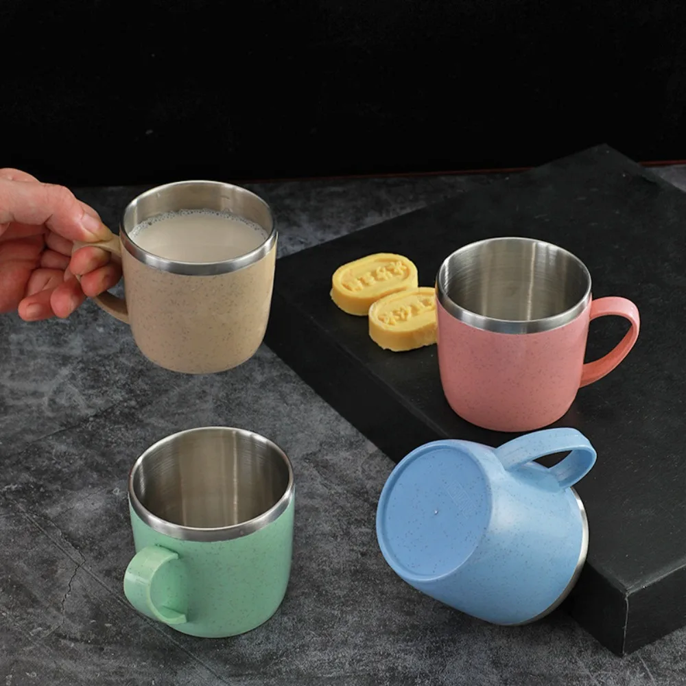 Drinkware 201-300ml Stainless Steel Cups Anti-scalding Double Layer Coffee Milk Mug Plastic Handle Shatterproof Water Cup Milk