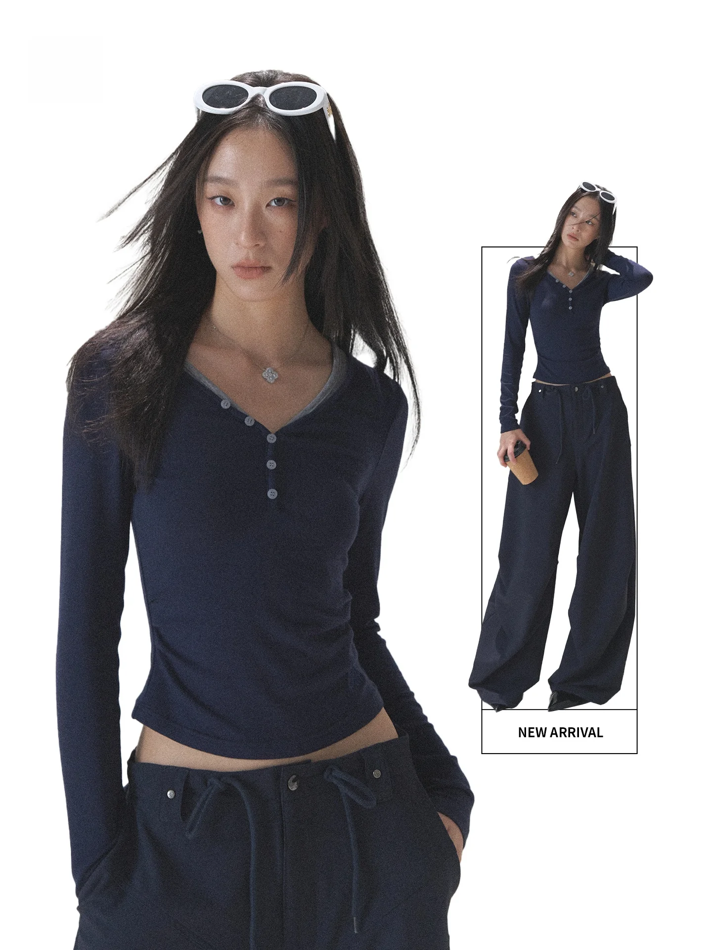 

Slim Fit Long Sve T-irt Women's Sle Early Autumn Aosphere Sensation Wool V-ne Fake Two-piece Upper Body Casual Sle