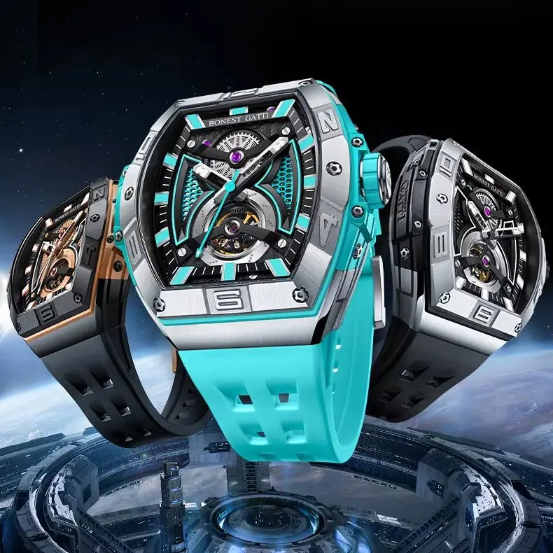 BONEST GATTI Men Automatic Watch 42mm Tonneau Mechanical Wristwatch 50m Waterproof Sapphire Luminous Skeleton Dial