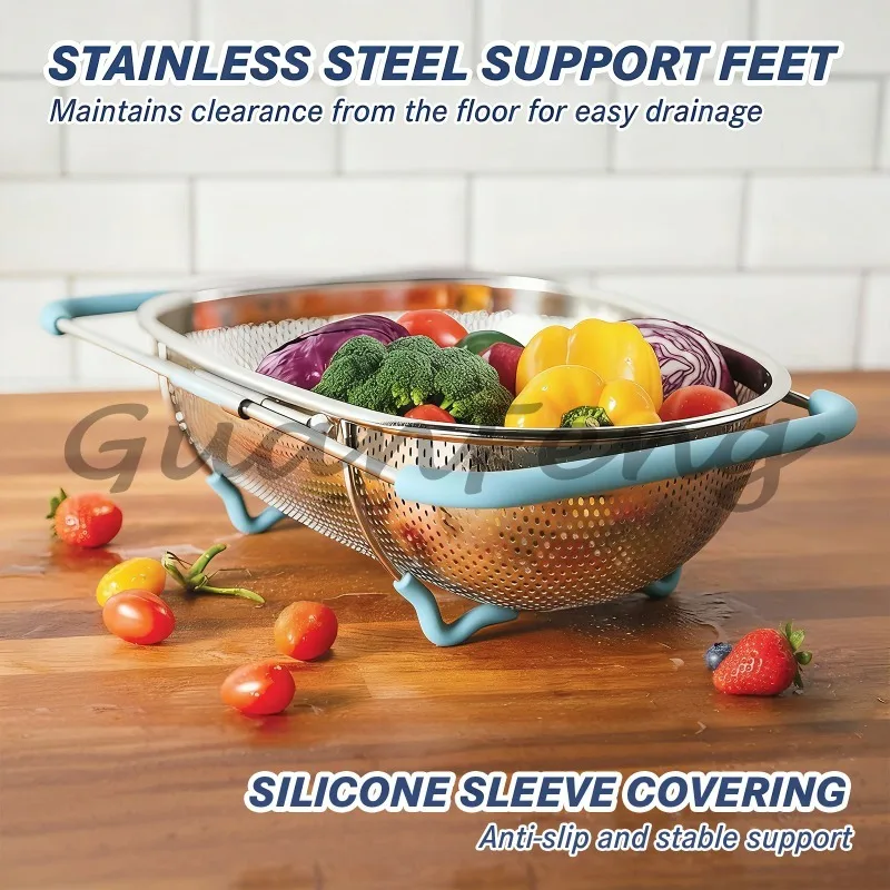 Adjustable Stainless Steel Sink Strainer Basket, Multi‑Function Fruit Vegetable Washing Kitchen Tool