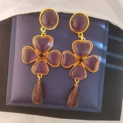 Women Pink Purple Crystal Flower Earrings Trendy Exaggerated Earring