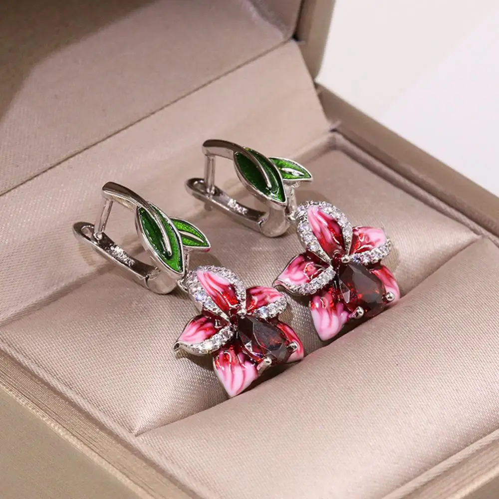 Fashion Earrings for Women Enamel Leaf Flower Pendant Rhinestone Inlaid Leverback Earrings Jewelry Gift