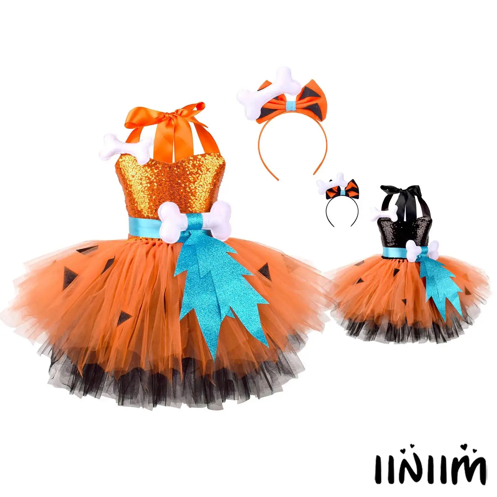 

Stylish Girls Cavegirl Sequins Dress Halloween Themed Party Cave Cosplay Costume Halter Neck 3D Bone Puffy Skirt with Headwear