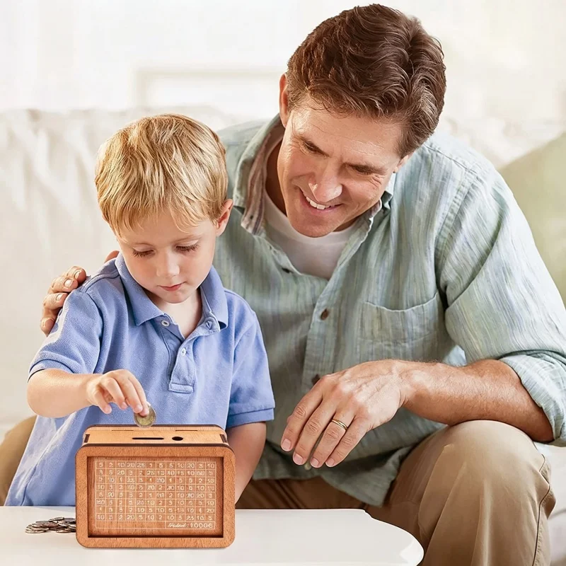 Wooden Savings Challenge Box Money Saving Jar Piggy Bank with Number Grid Budget Tracker Gift
