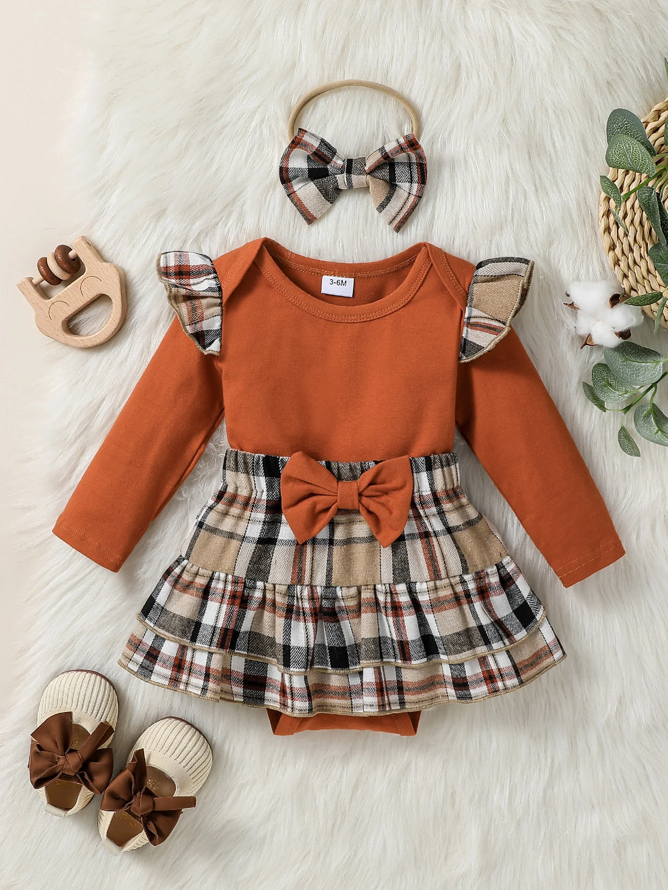 3Pcs Baby Girl's Spring/Fall Round Neck Solid Cotton Bodysuit+ Bow Plaid Skirt For Vacation Set+Headband