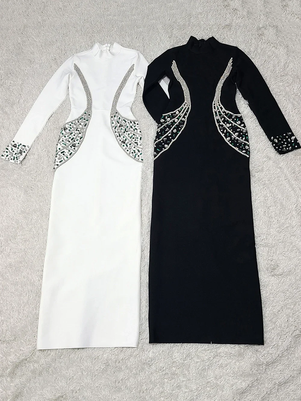 Abito lungo da donna elegante con fasciatura da sera per celebrità con diamanti Abito da cocktail aderente di lusso sexy a maniche lunghe bianco