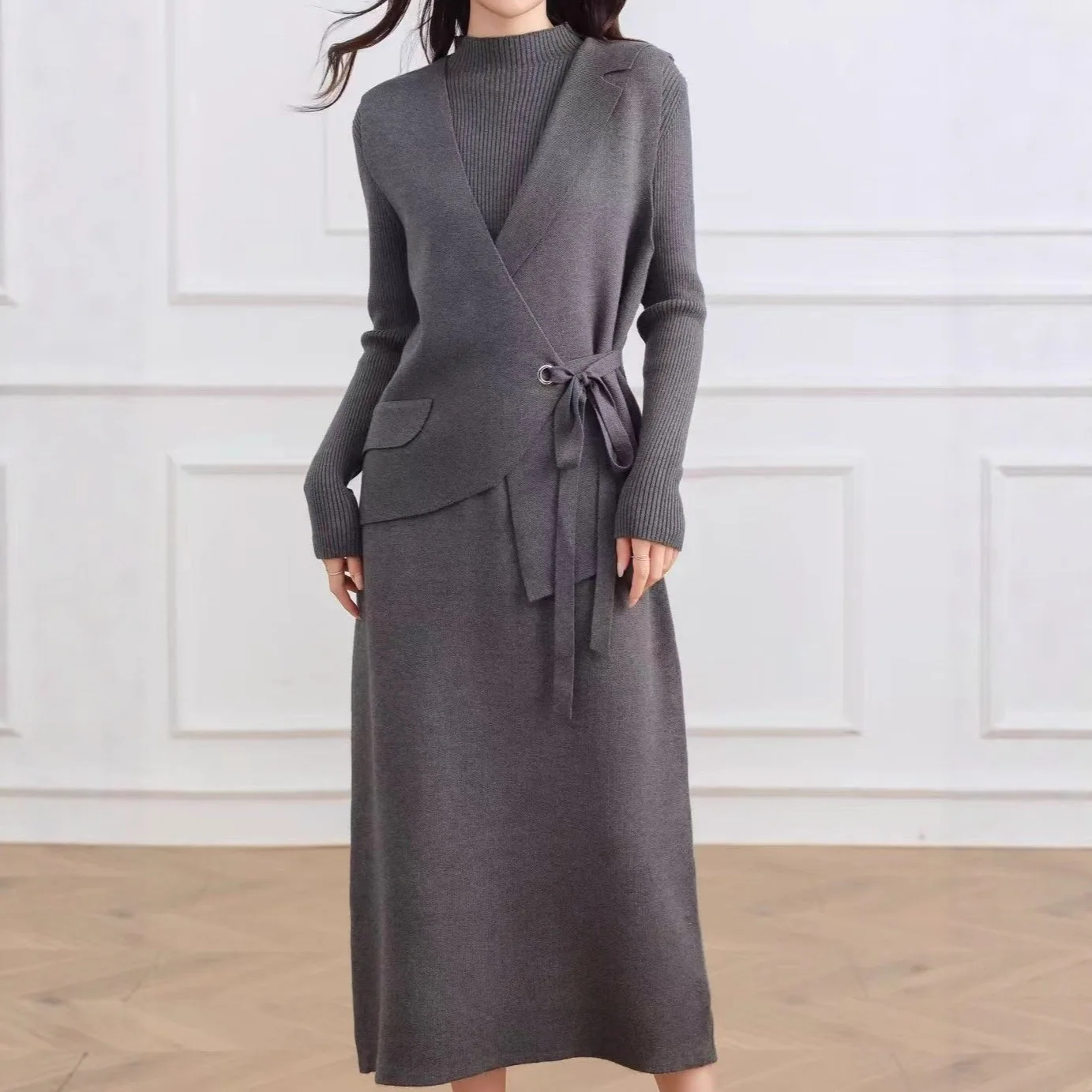

Women Two Piece Sets Dress Set Full Sleeve V Neck Vests Coats Long Dresses High Waist Y2k Streetwear Elegant Work Autumn Winter