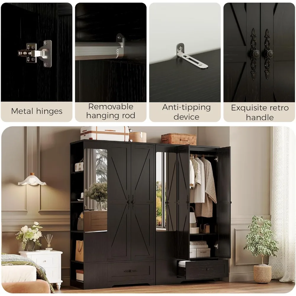 خزانة ملابس مع مرآة، خزائن خشبية لخزائن غرف النوم بارتفاع 70 بوصة مع بابين، 5 أرفف، خطافات ودرج #3