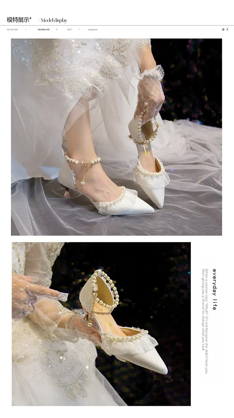 Weiße Hochzeitsschuhe für Damen 2026 Sommer Luxus Seide Perlen Knöchelriemen High Heels Pumps Spitze Damenschuhe mit Absatz – Detail 5