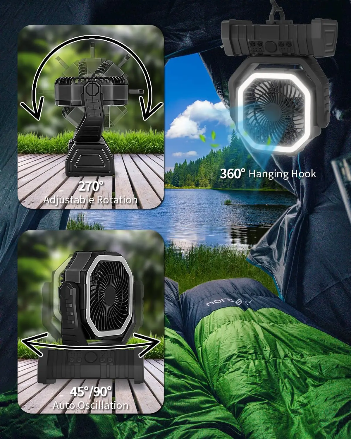 20000mAh USB Rechargeable Camping Fan Portable Air Circulators Wireless Fans 270 ° Head Rotation Tent Fan with Hook