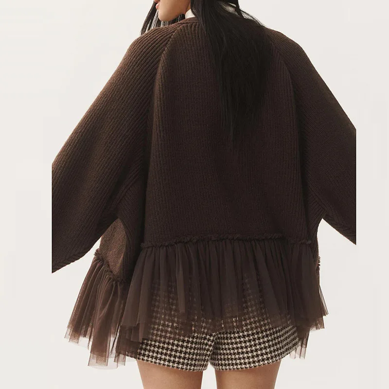 

2025 Autumn Winter New Lace Hem Knitted Cardigans Ladies Solid Color Loose Warm Sweater Coat Elegant Casual Commuting Overcoat