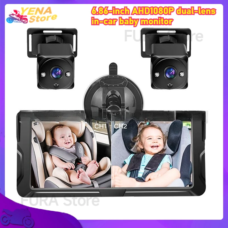 

Baby car camera 6.86-inch 1080P AHD 360-degree rotating rear seat camera Dual car baby mirrors, For night vision of 2 children